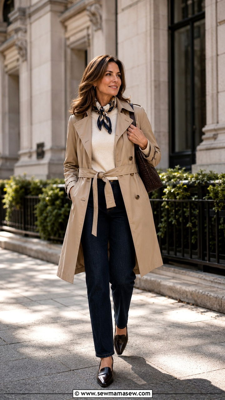 Trench Coat with Straight Leg Jeans - 25 Outfit ideas for pear shape over 40