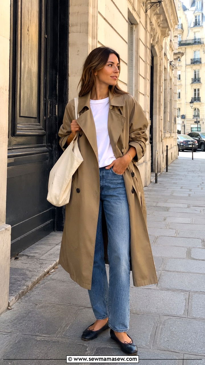 Trench Coat with Straight Leg Jeans and Ballet Flats - 30 Shoulder season outfit ideas