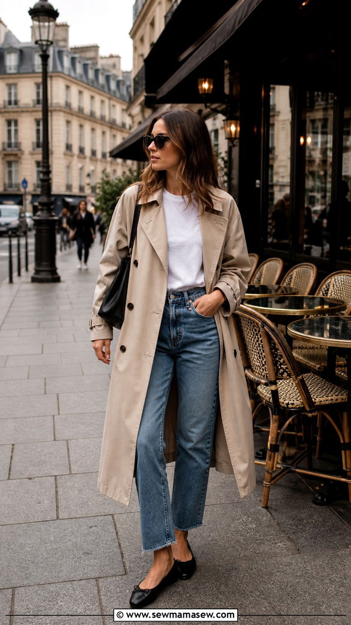 Trench Coat with Straight Leg Jeans and Ballet Flats - 40 Europe travel outfits