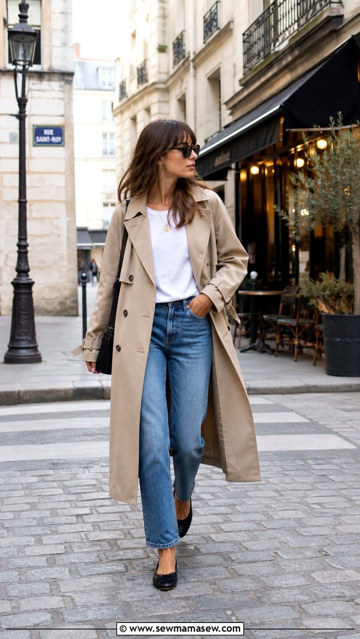 Trench Coat with Straight Leg Jeans and Ballet Flats - 40 Parisian outfit ideas