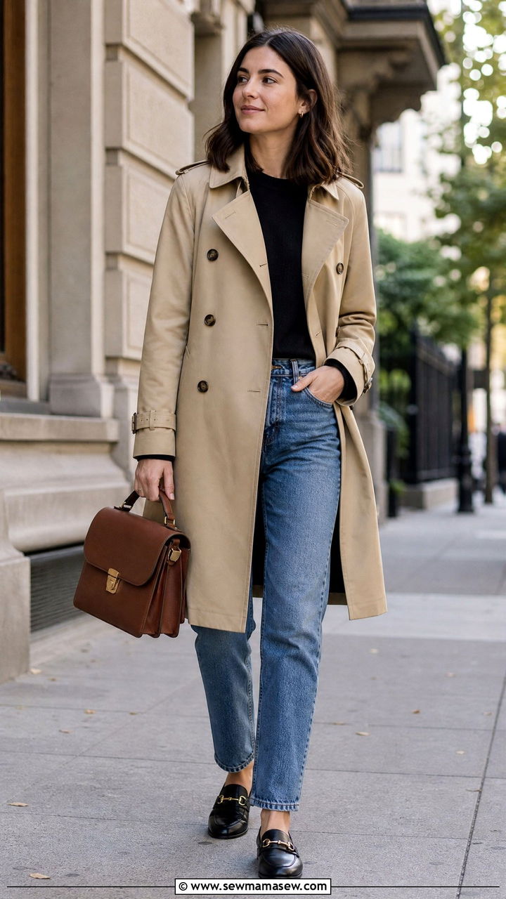 Trench Coat with Straight Leg Jeans and Loafers - 40 spring vacation outfit ideas