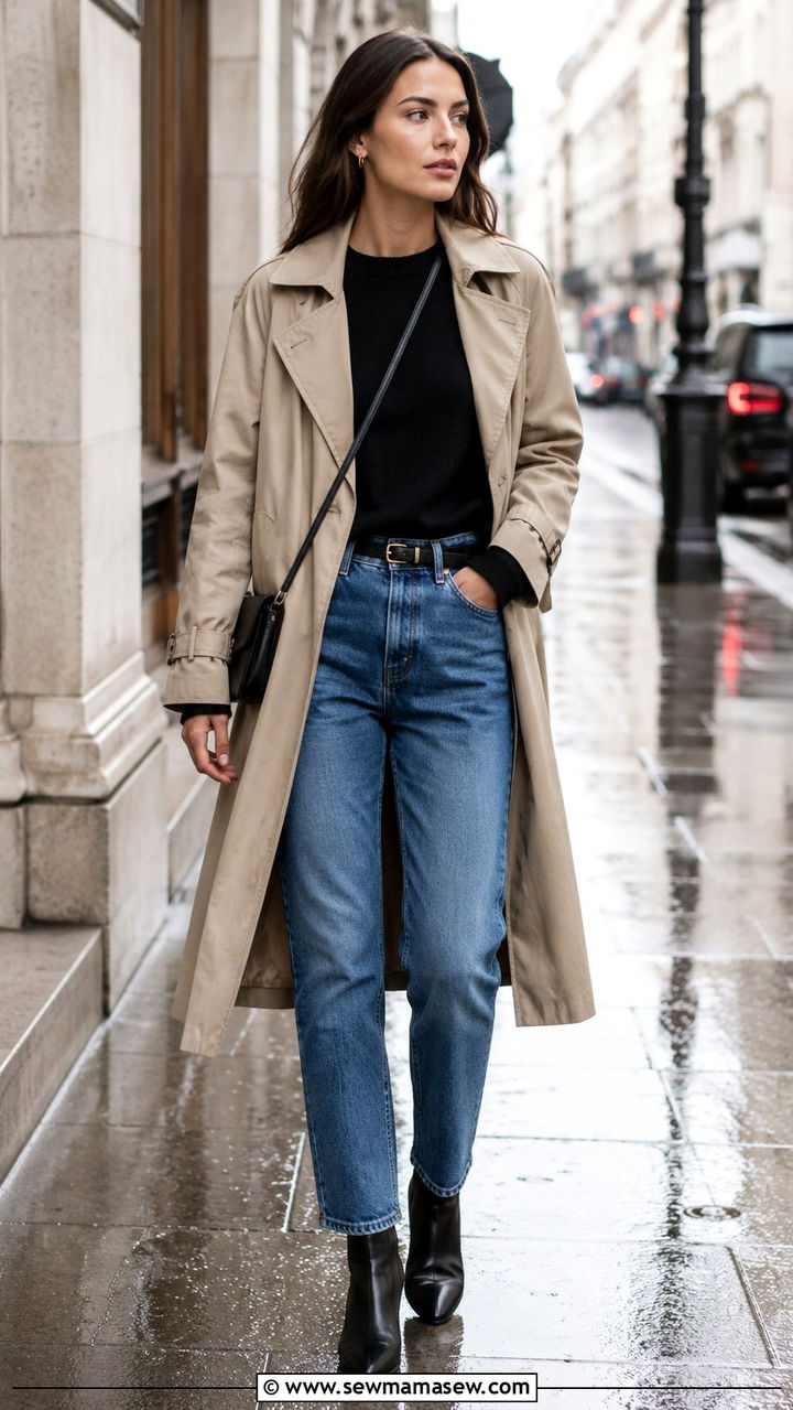 Trench Coat with Straight Leg Jeans and Skinny Belt - 20 spring outfits with skinny belt