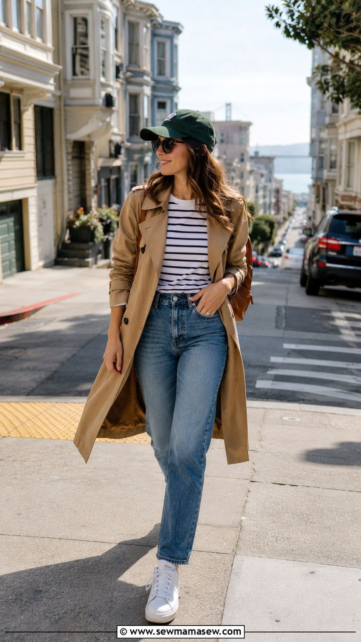Trench Coat with Straight Leg Jeans and Sneakers Brunch Outfit - 30 Brunch outfit ideas Bay Area