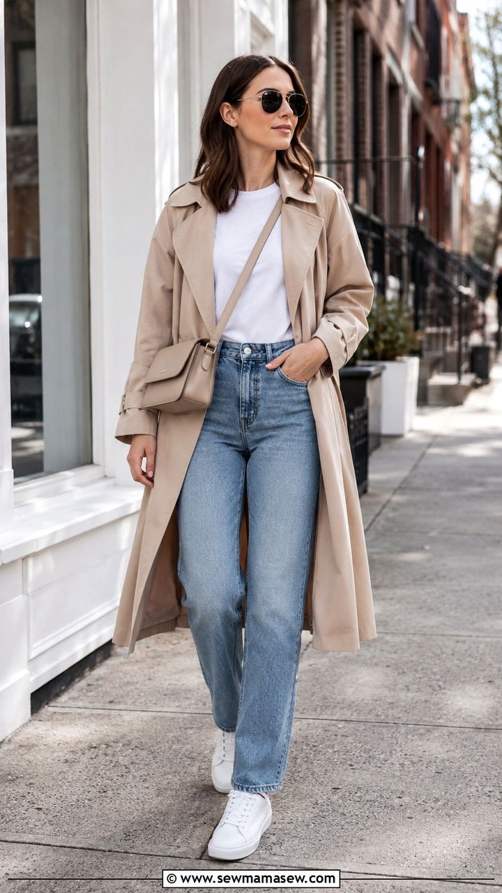 Trench Coat with Straight Leg Jeans and White Sneakers - 30 Spring outfits with jeans
