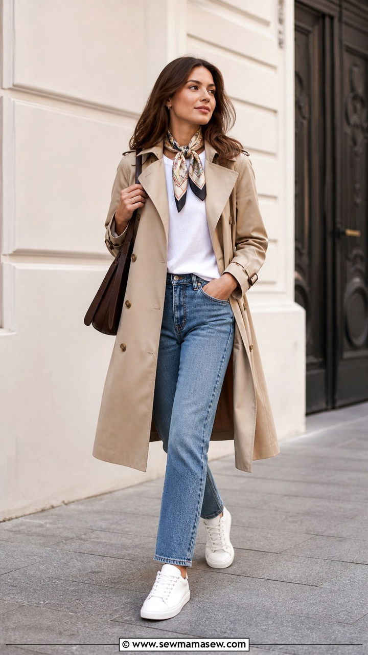 Trench Coat with Straight Leg Jeans and White Tee - 40 Spring travel outfits