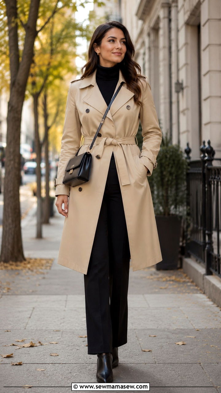 Trench Coat with Straight Leg Trousers and a Turtleneck - 30 Outfit ideas for wide hips