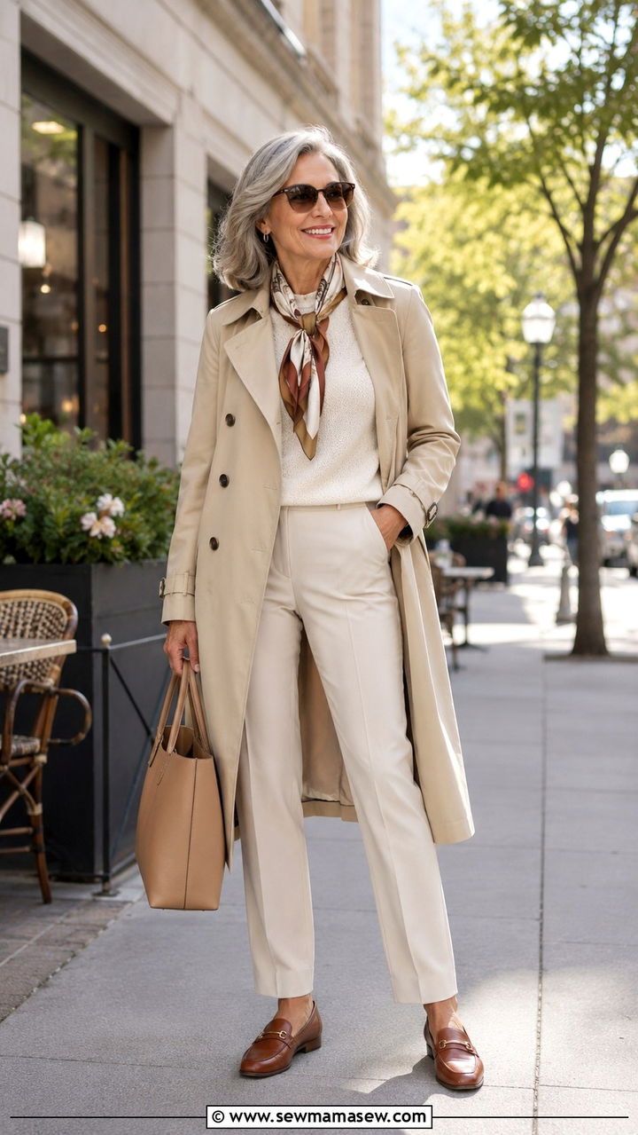 Trench Coat with Straight Leg Trousers - 25 What to wear to brunch over 50