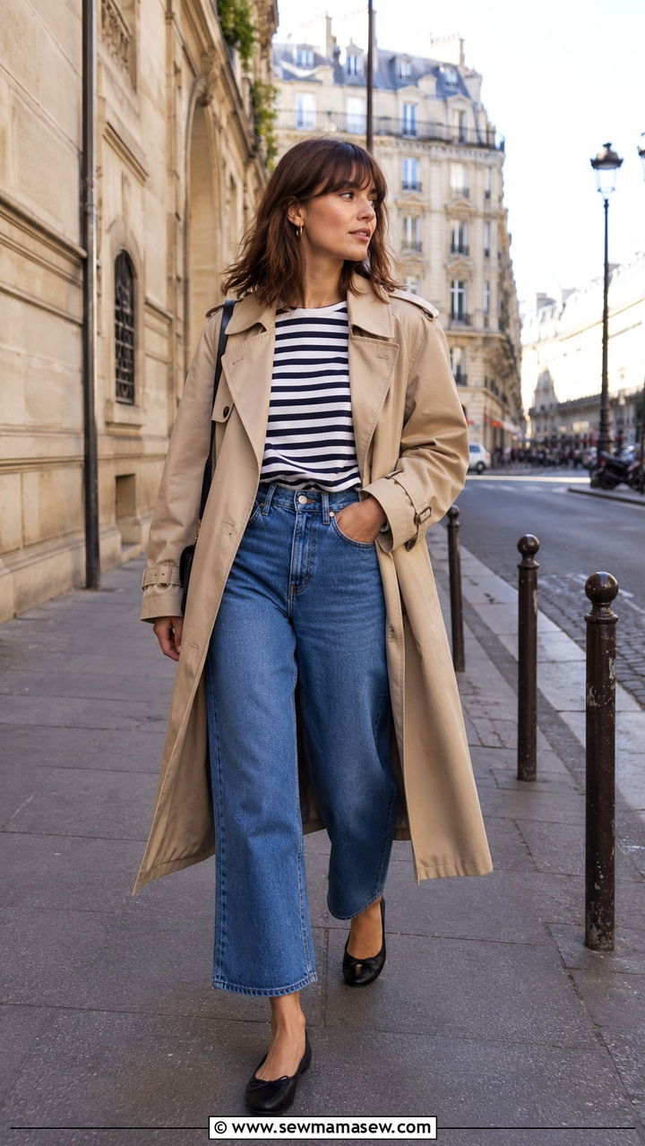 Trench Coat with Striped Breton Top and Wide Leg Cropped Jeans - 30 trench coat outfits inspo