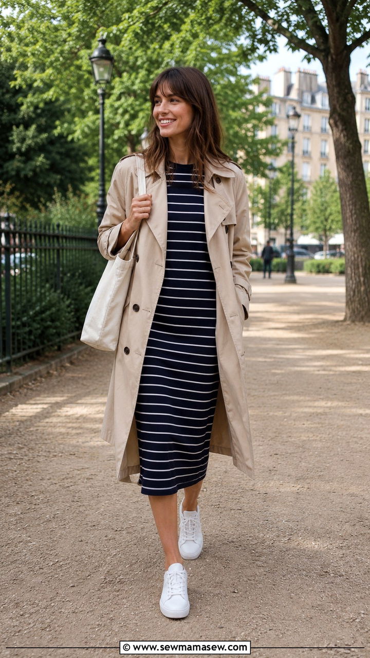 Trench Coat with Striped Knit Dress and White Sneakers - 30 Long trench coat outfit ideas with a dress