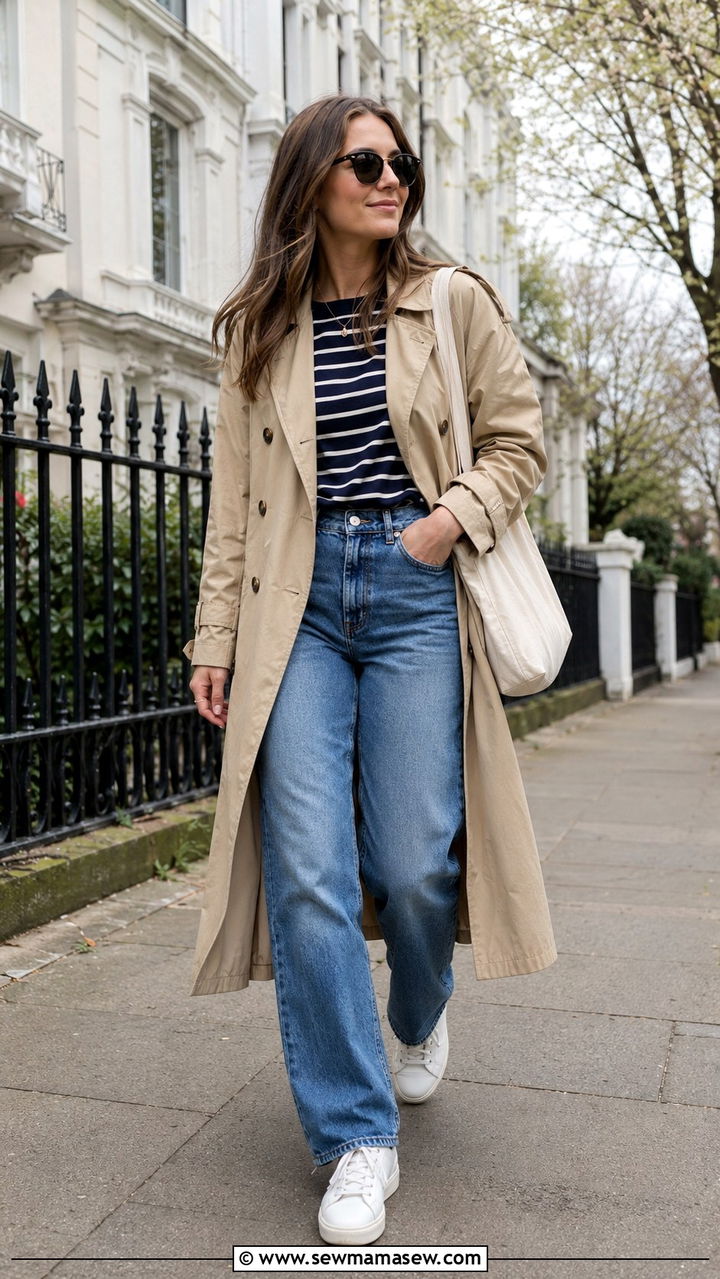 Trench Coat with Striped Shirt and Jeans - 30 Late March outfit ideas