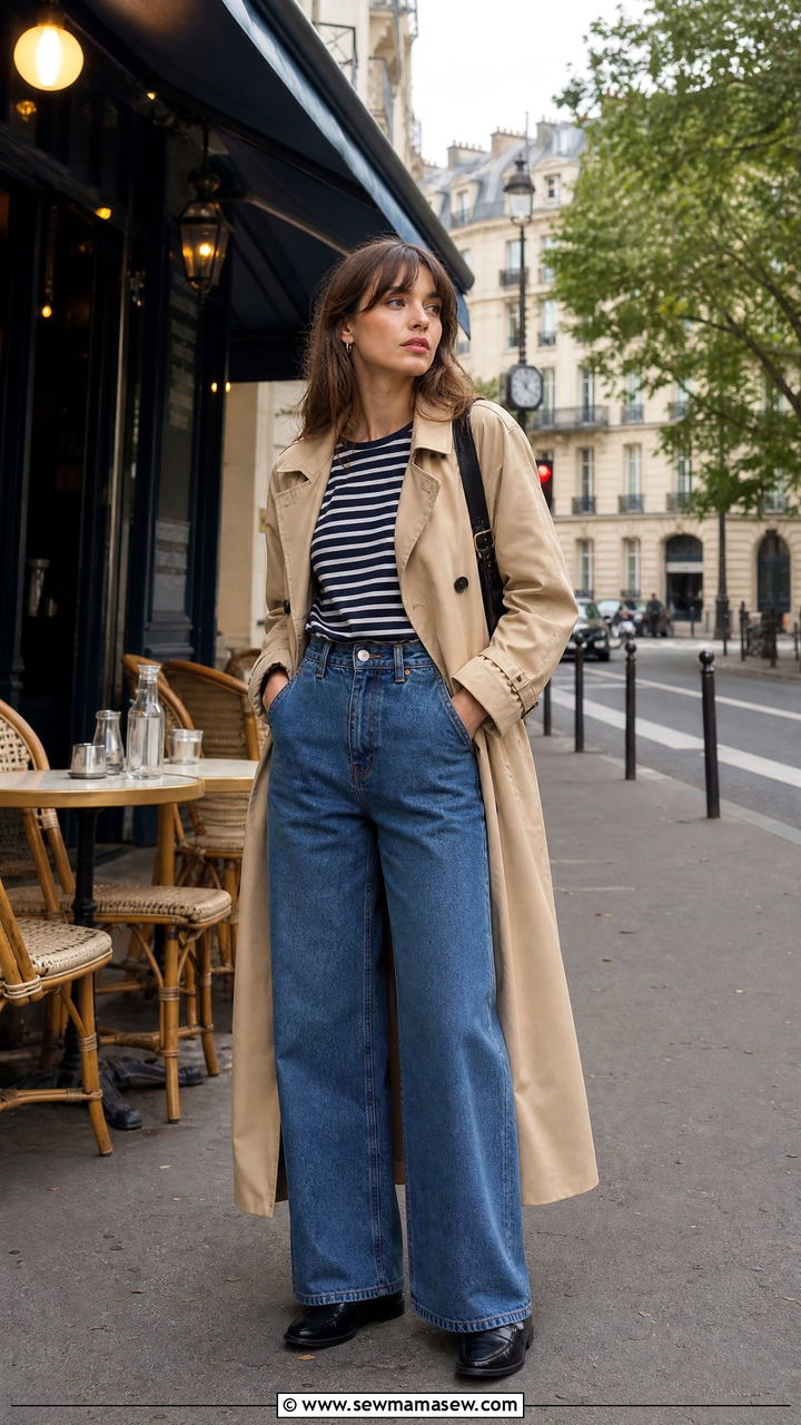 Trench Coat with Striped Shirt and Wide Leg Jeans - 35 how to style trench coat