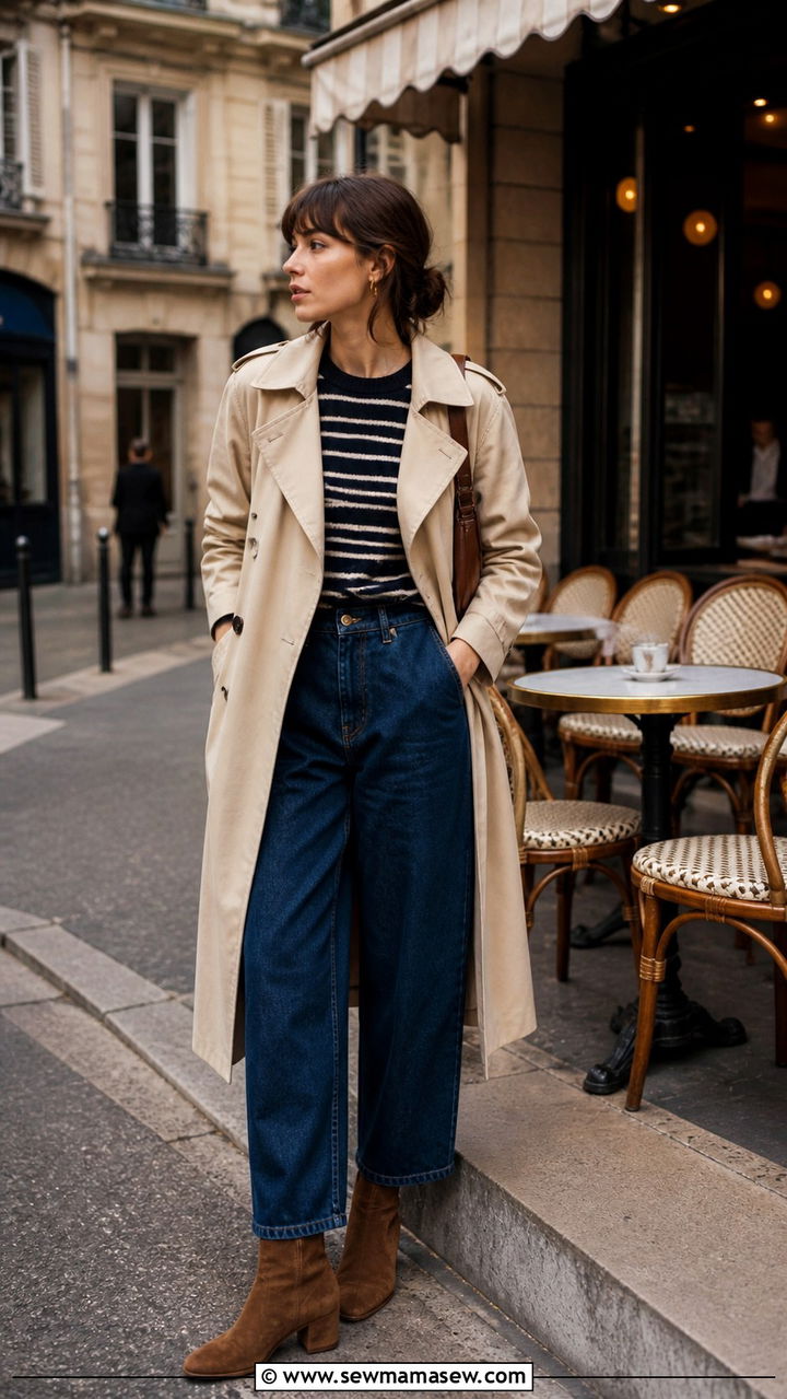 Trench Coat with Striped Sweater and Barrel Jeans Outfit - 40 trench coat outfit ideas