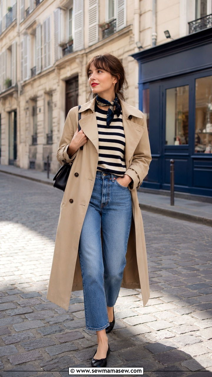 Trench Coat with Striped Sweater and Jeans - 25 trench coat outfits aesthetic