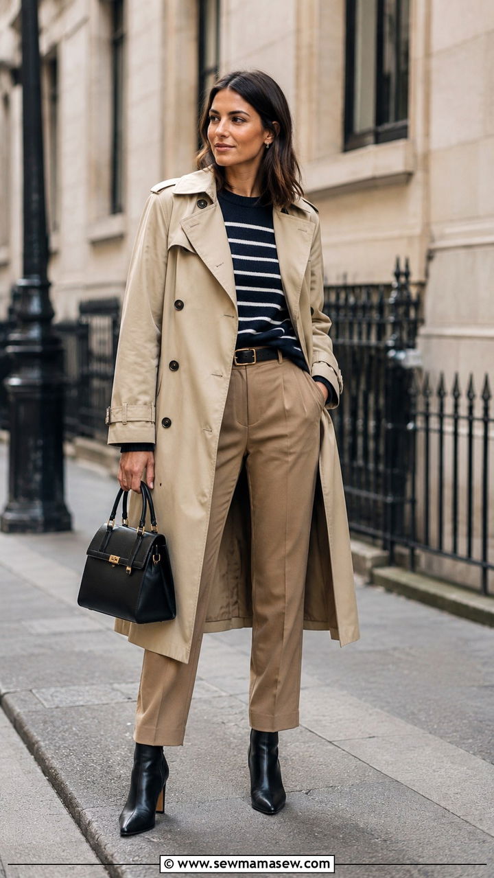 Trench Coat with Striped Sweater and Tailored Trousers - 30 spring capsule wardrobe outfit ideas