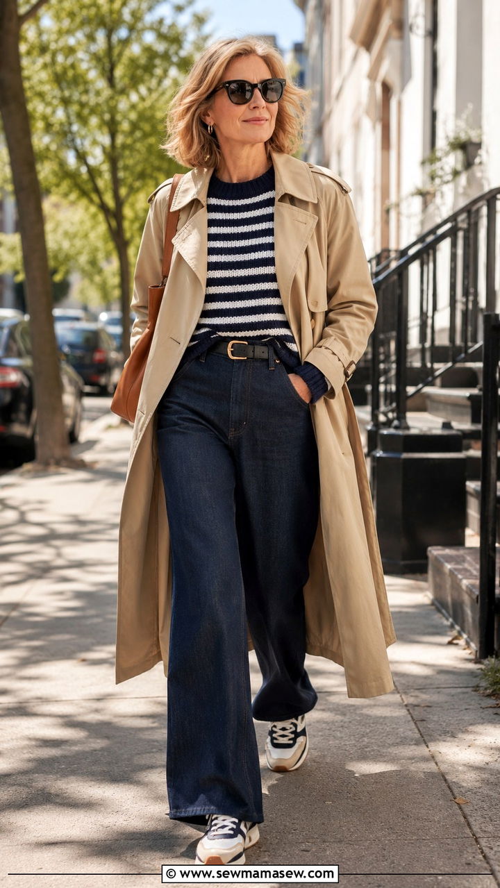 Trench Coat with Striped Sweater and Wide Leg Jeans - 30 trench coat outfits for women over 40