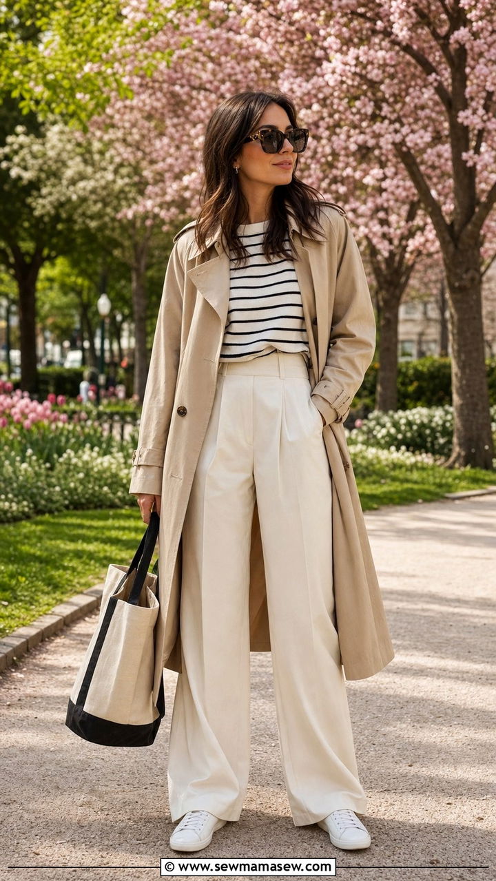 Trench Coat with Striped Sweater and Wide Leg Trousers - 25 spring model off duty outfits