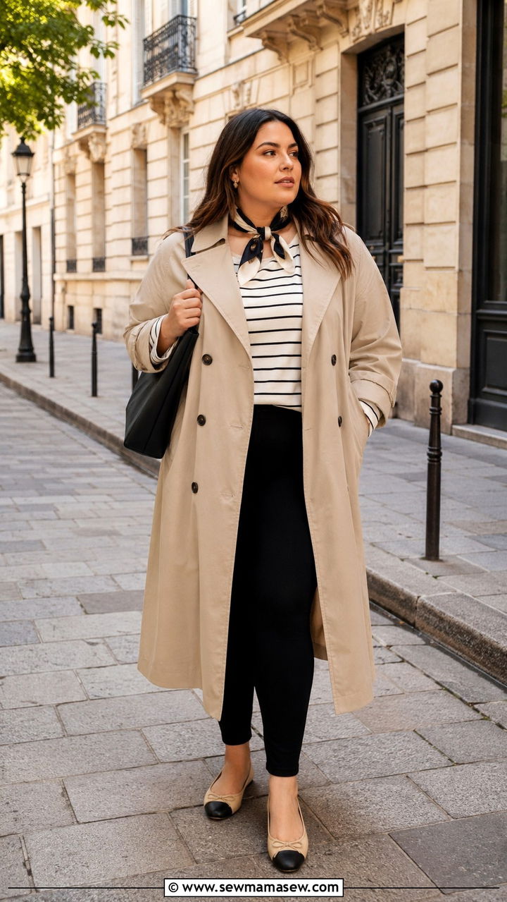 Trench Coat with Striped Tee and Leggings - 30 Plus size travel outfit ideas