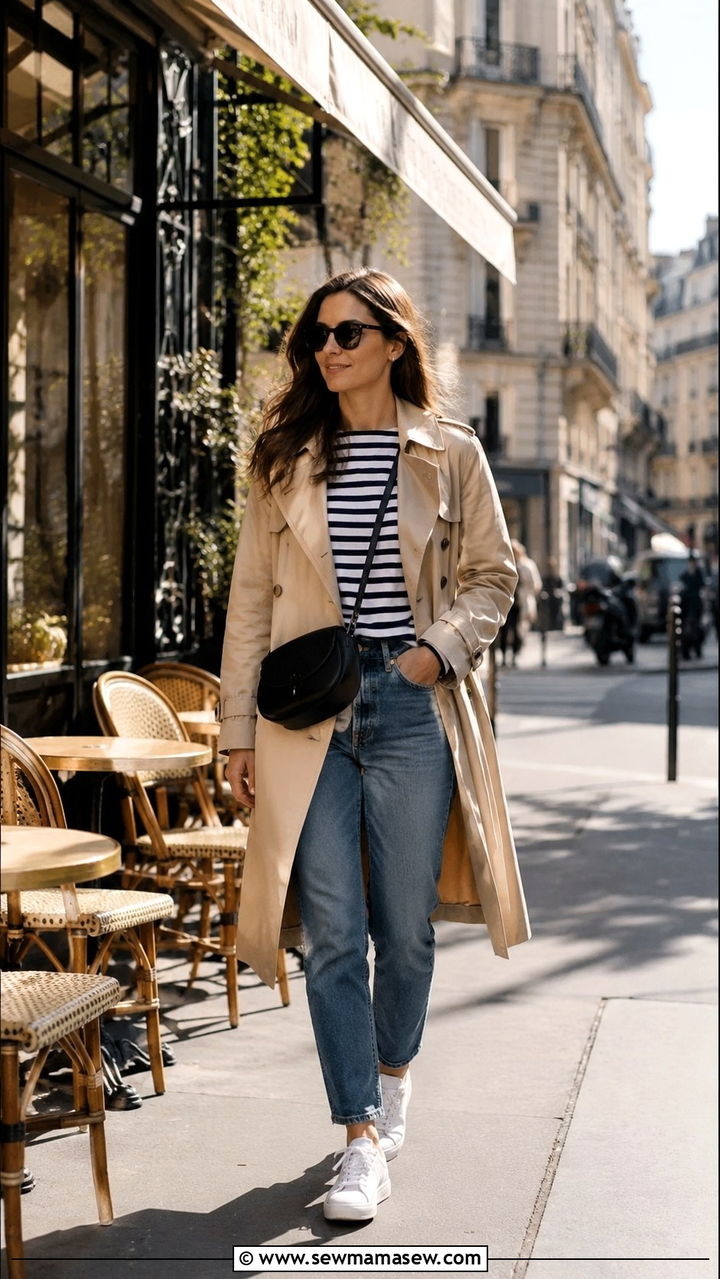 Trench Coat with Striped Top and Straight Jeans - 30 spring paris trip outfit ideas
