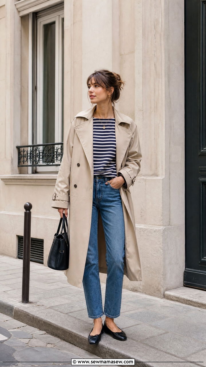 Trench Coat with Striped Top and Straight Leg Jeans - 35 french girl outfits for women