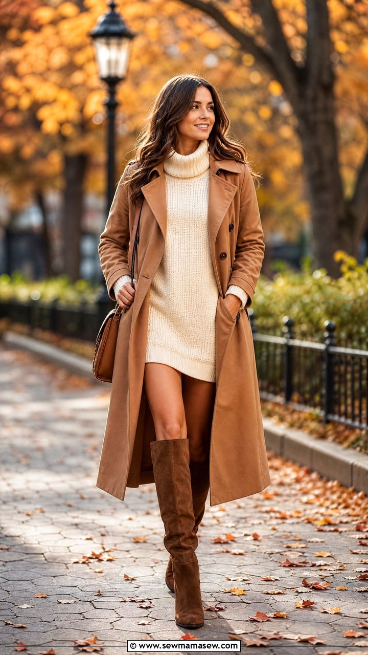 Trench Coat with Sweater Dress and Knee High Boots - 35 how to style trench coat