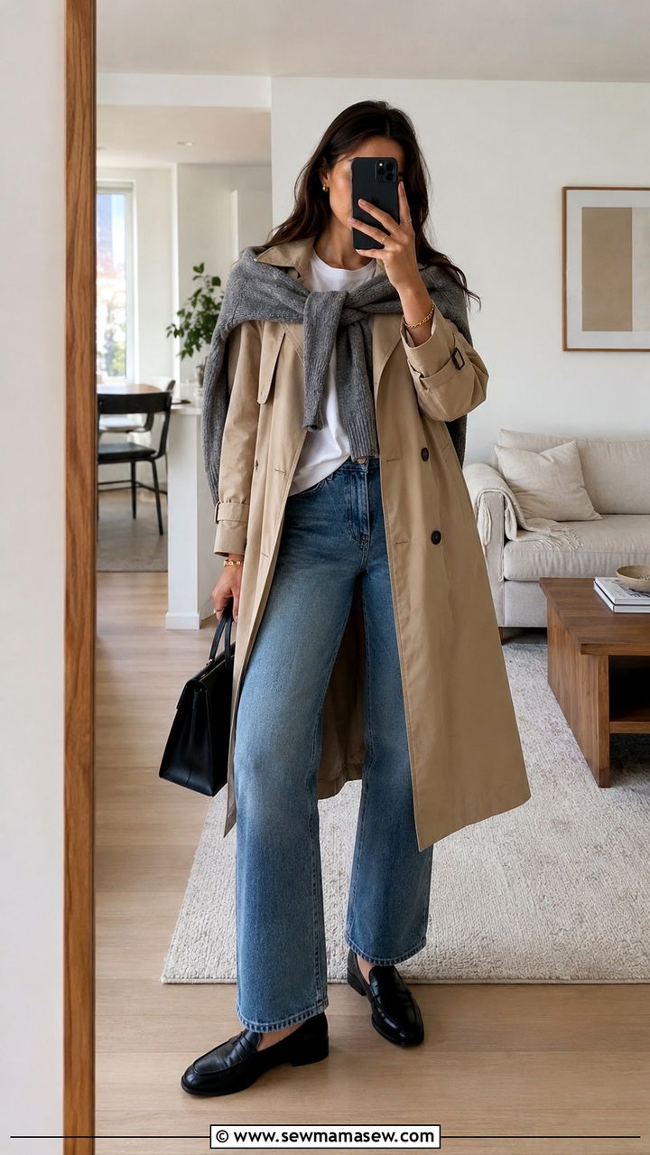 Trench Coat with Sweater Over Shoulders - 25 trench coat outfits aesthetic