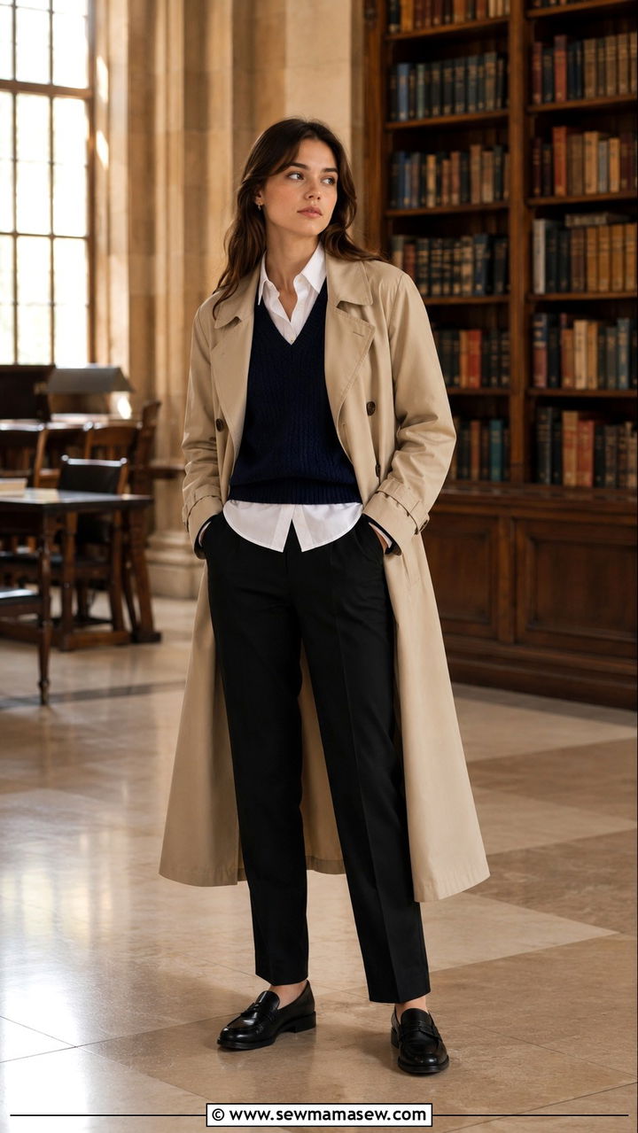 Trench Coat with Sweater Vest Layered Over a Button Up Shirt - 30 Long trench coat outfit ideas with a sweater
