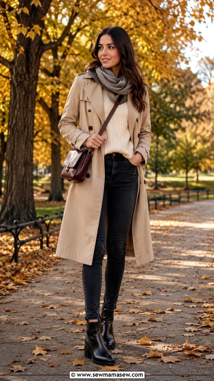 Trench Coat with Sweater and Ankle Boots - 25 trench coat outfits aesthetic