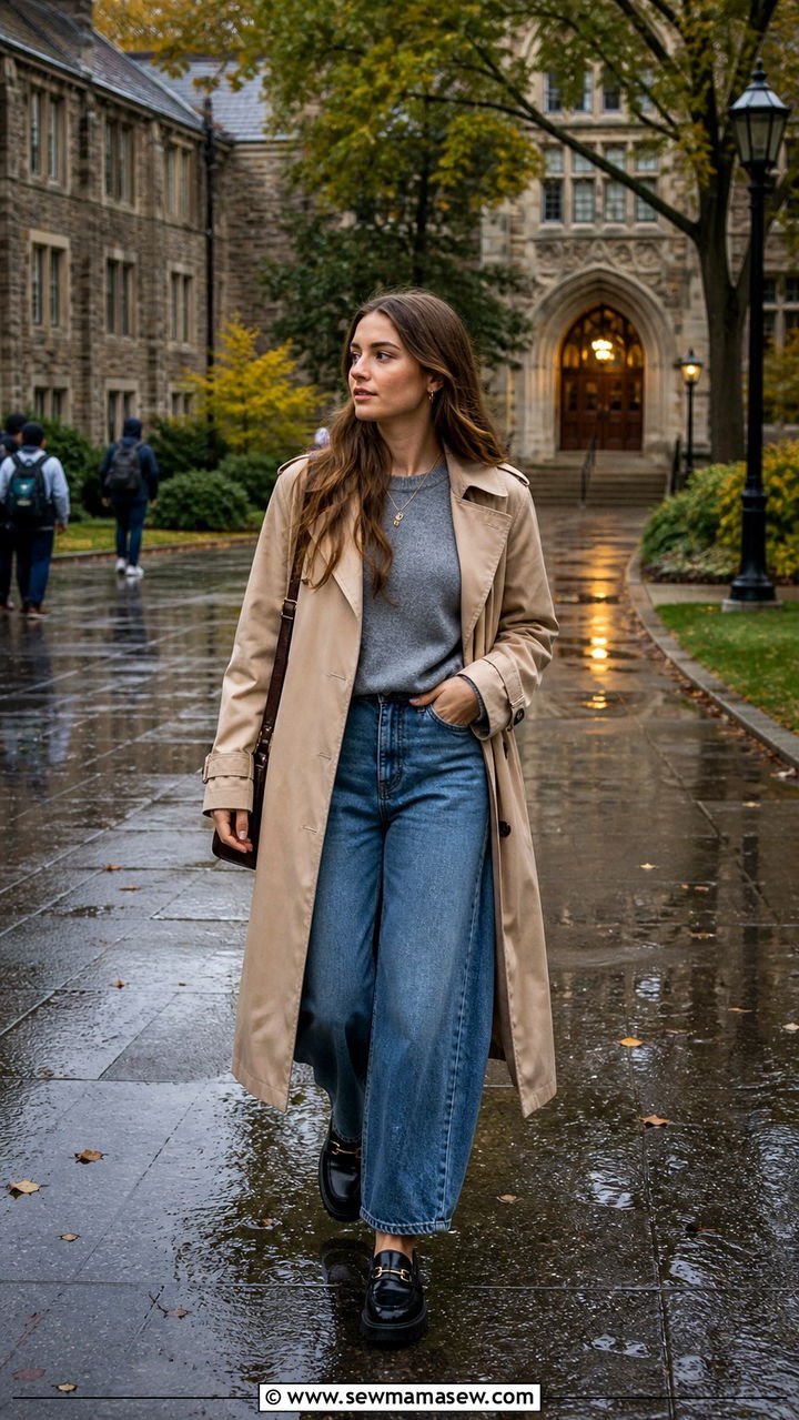 Trench Coat with Sweater and Barrel Leg Jeans - 40 college outfits