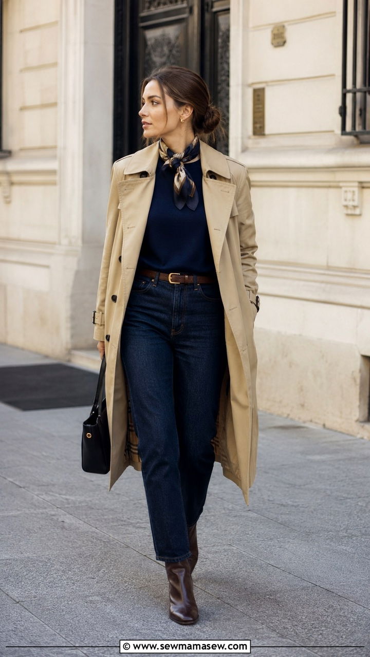 Trench Coat with Sweater and Jeans - 25 Parisian outfit ideas in April