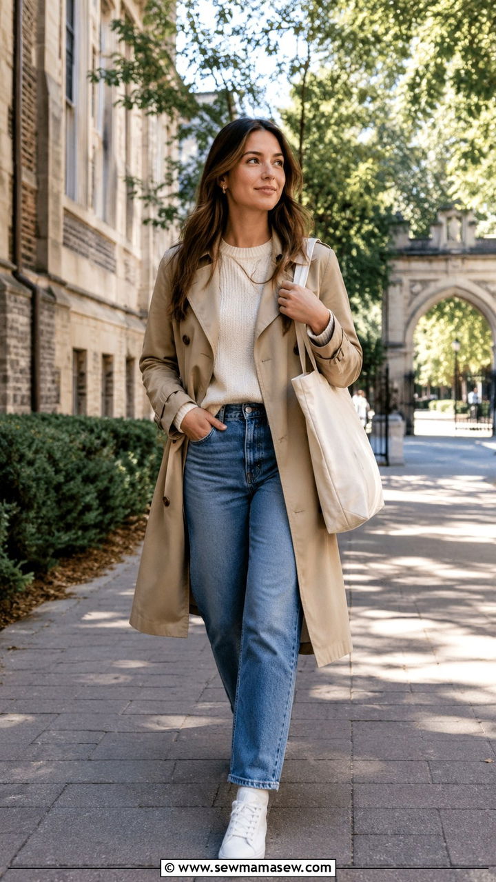 Trench Coat with Sweater and Straight Leg Jeans Outfit - 30 classy back to school outfits
