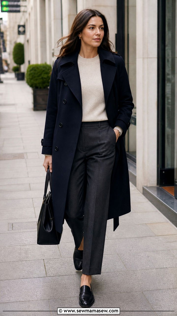 Trench Coat with Sweater and Tailored Trousers - 40 rainy day outfits