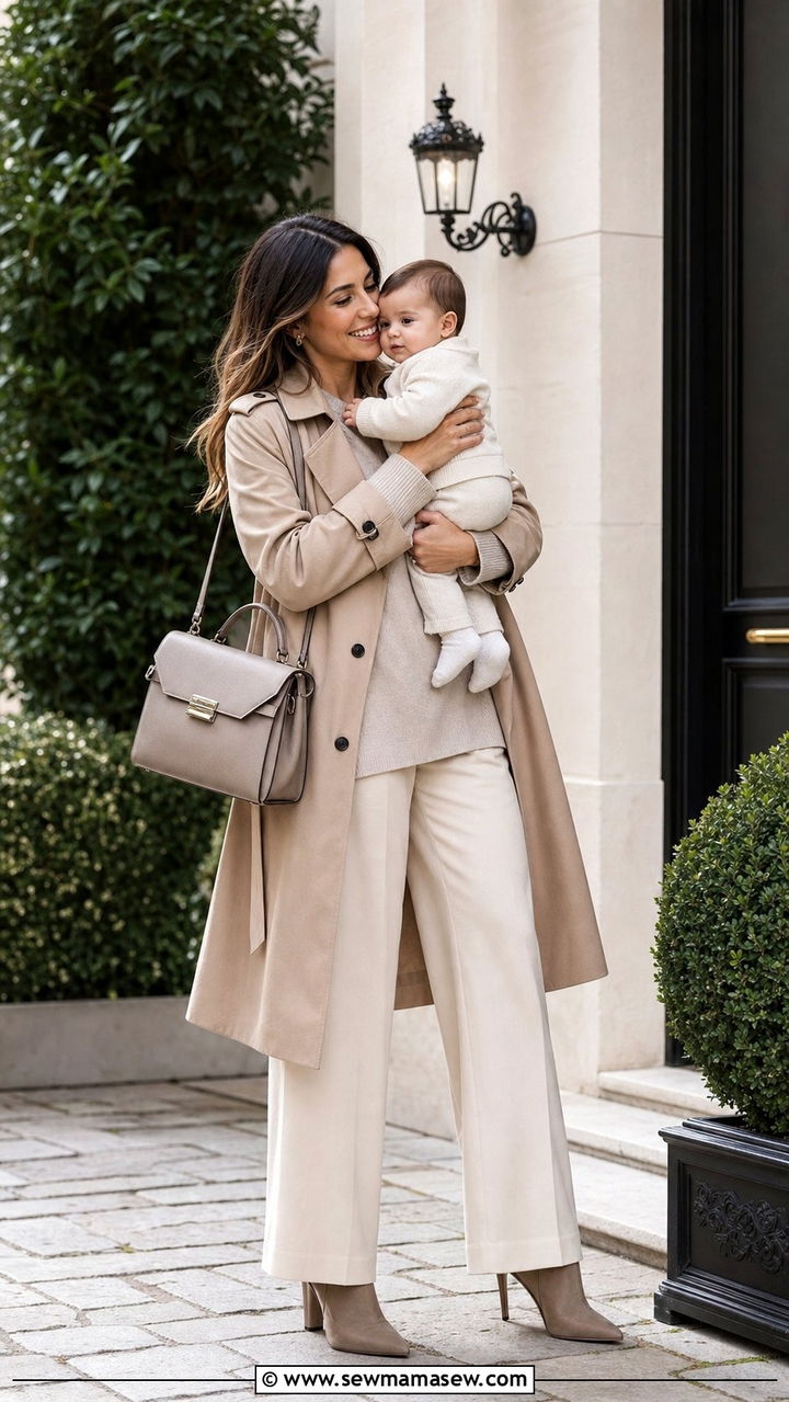 Trench Coat with Sweater and Trousers - 25 classy outfits for new moms