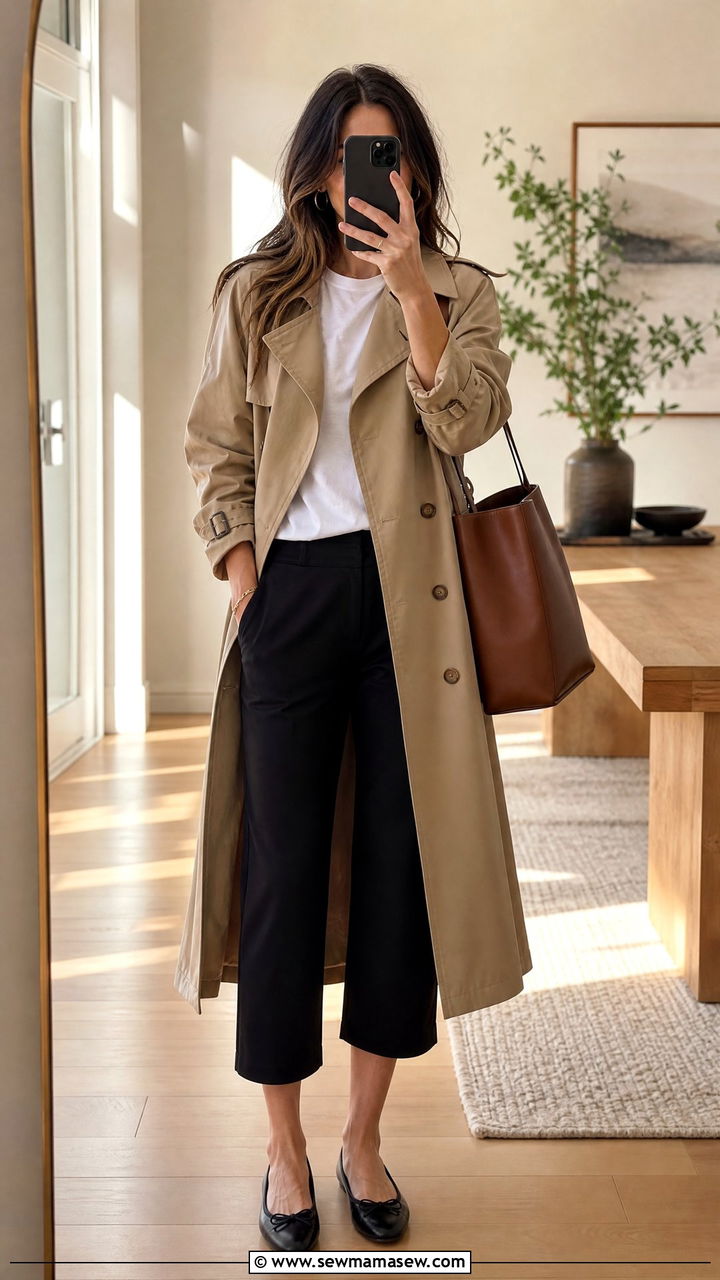 Trench Coat with T Shirt and Capri Pants - 25 Late summer early fall outfits