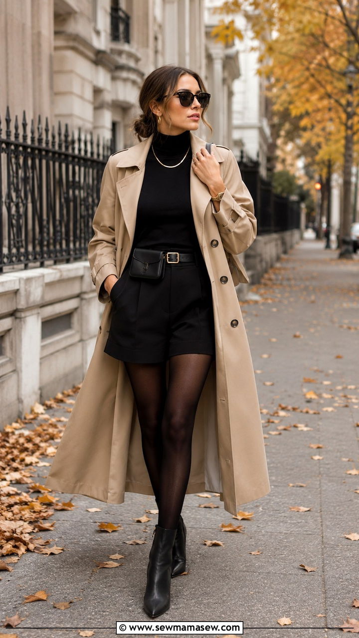 Trench Coat with Tailored Shorts and Tights - 25 trench coat outfits aesthetic