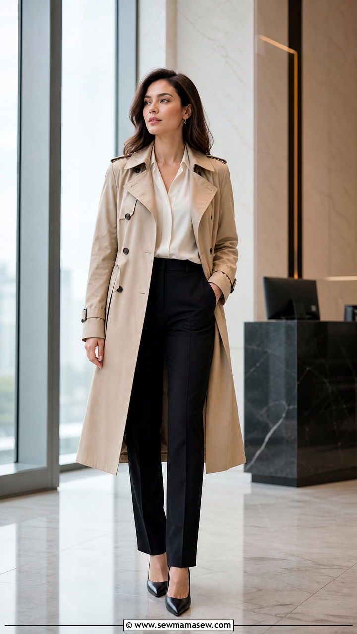 Trench Coat with Tailored Trousers for Work Outfit - 40 trench coat outfit ideas