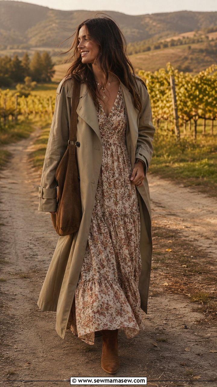 Trench Coat with Tiered Maxi Dress and Ankle Boots - 30 Long trench coat outfit ideas with a dress