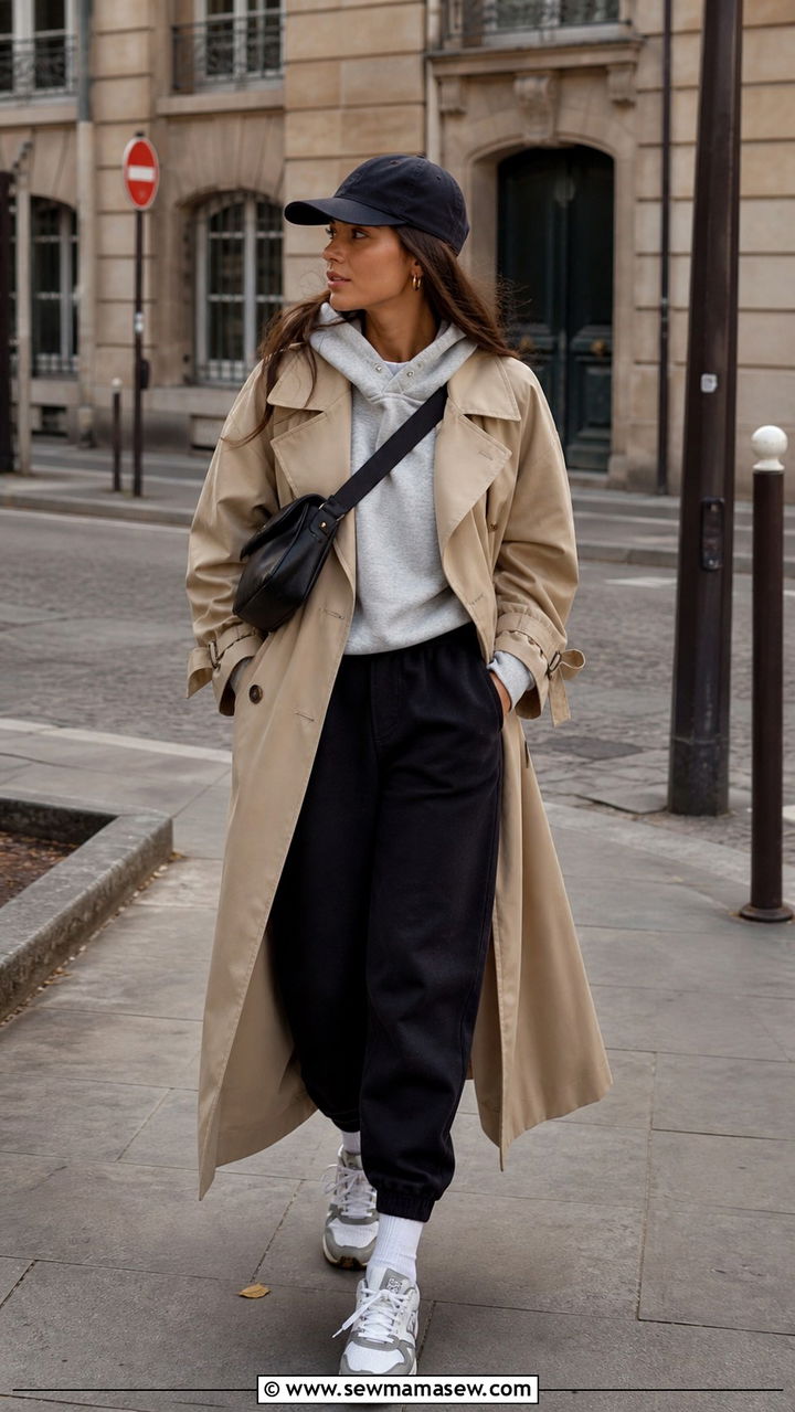 Trench Coat with Track Pants and Retro Sneakers - 40 casual trench coat outfits