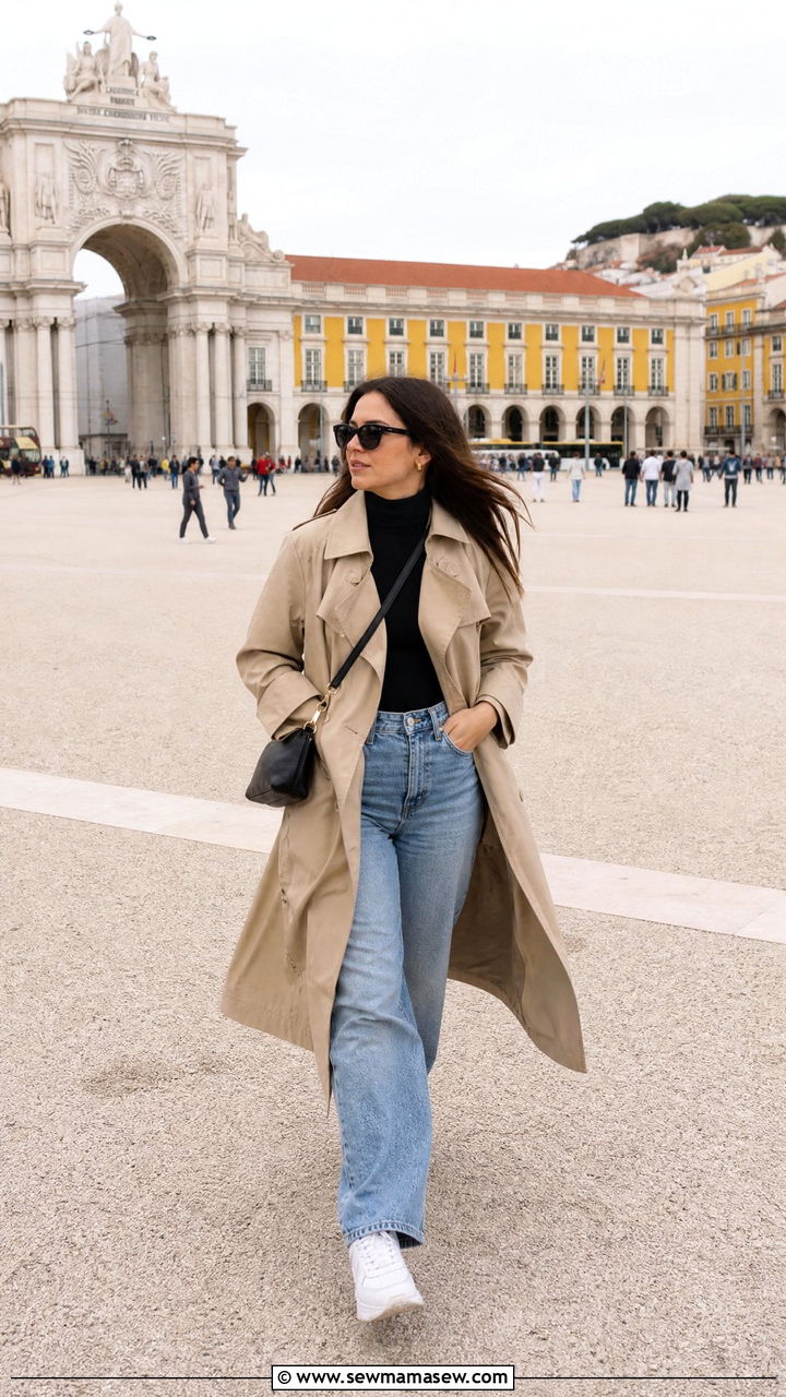 Trench Coat with Turtleneck and Straight Leg Jeans - 35 Lisbon vacation outfit ideas