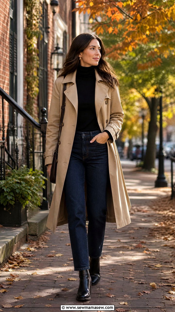 Trench Coat with Turtleneck and Straight Leg Jeans - 35 how to style trench coat