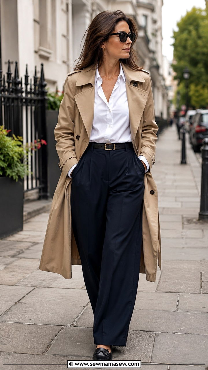 Trench Coat with White Button Down - 25 Old money outfit ideas with driving loafers