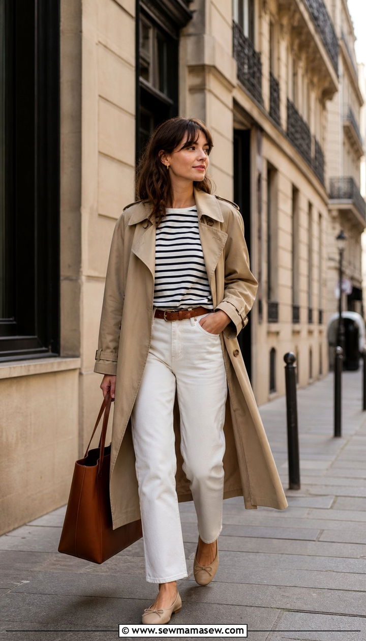Trench Coat with White Jeans and Ballet Flats - 35 casual Friday outfit ideas