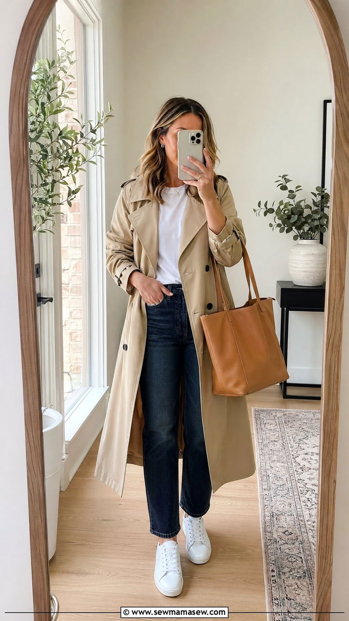 Trench Coat with White Tee and Jeans Outfit - 35 Cool mom outfit ideas