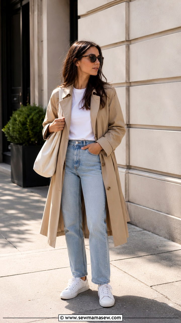Trench Coat with White Tee and Light Wash Jeans - 30 spring capsule wardrobe outfit ideas