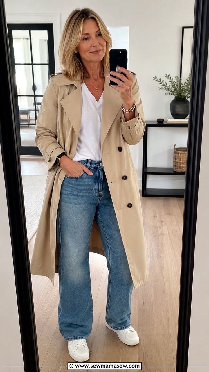 Trench Coat with White Tee and Relaxed Jeans - 30 trench coat outfits for women over 40