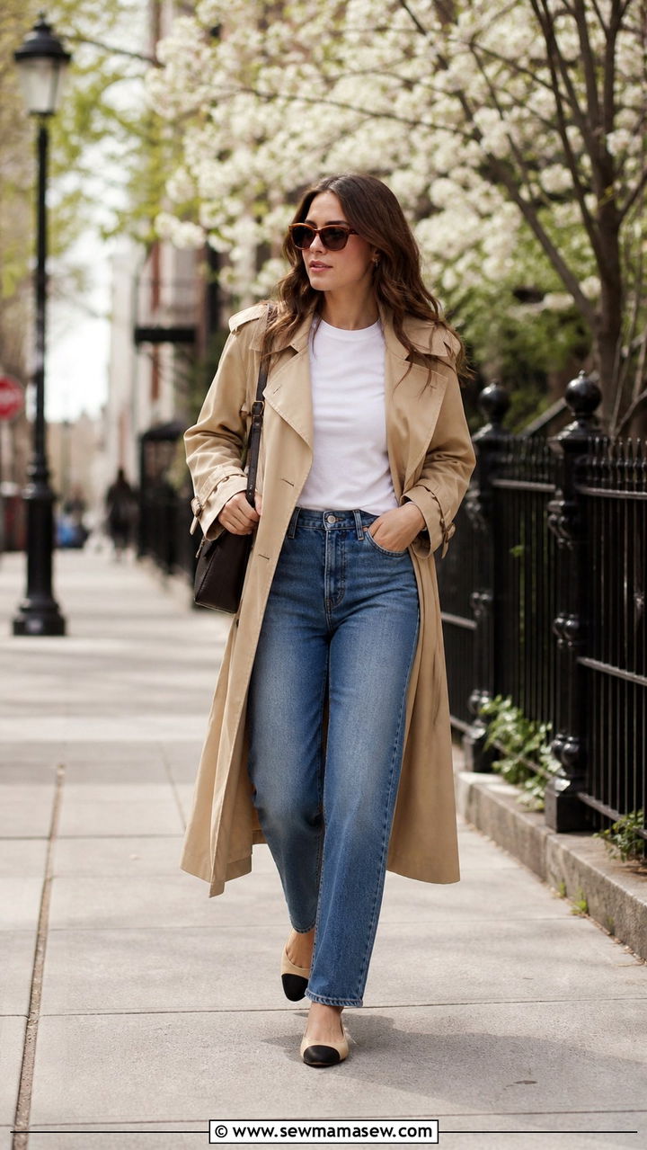 Trench Coat with White Tee and Straight Leg Jeans - 40 First day of spring outfits