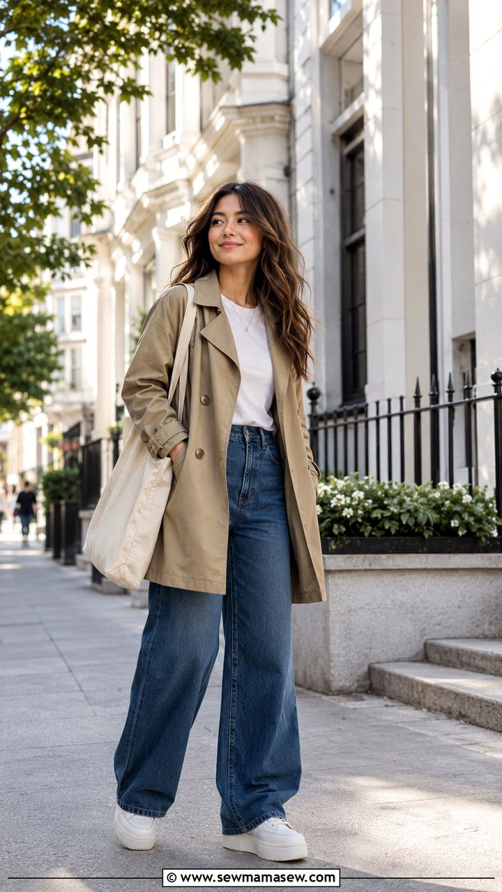 Trench Coat with Wide Leg Denim and White Sneakers - 25 Vacation outfit ideas petite women