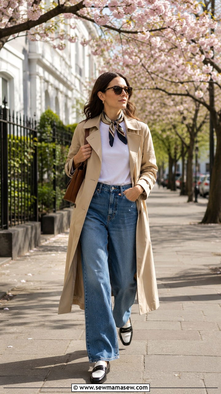 Trench Coat with Wide Leg Jeans - 30 Spring outfits with wide leg jeans