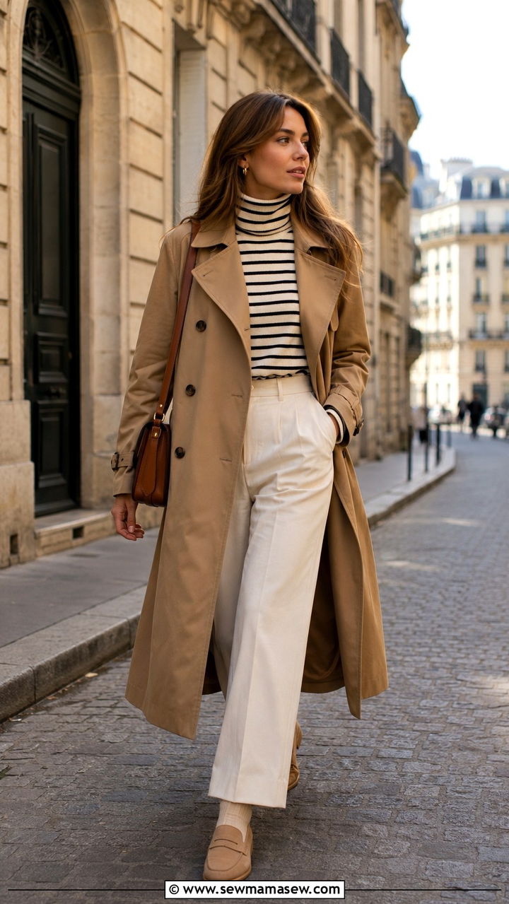 Trench Coat with Wide Leg Trousers - 30 chic trousers outfit ideas