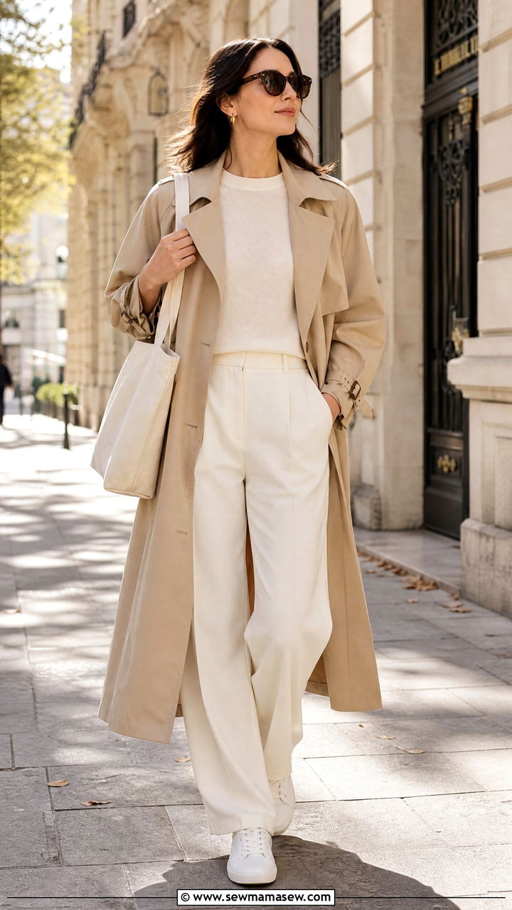 Trench Coat with Wide Leg Trousers Outfit - 30 modest classy outfits ideas