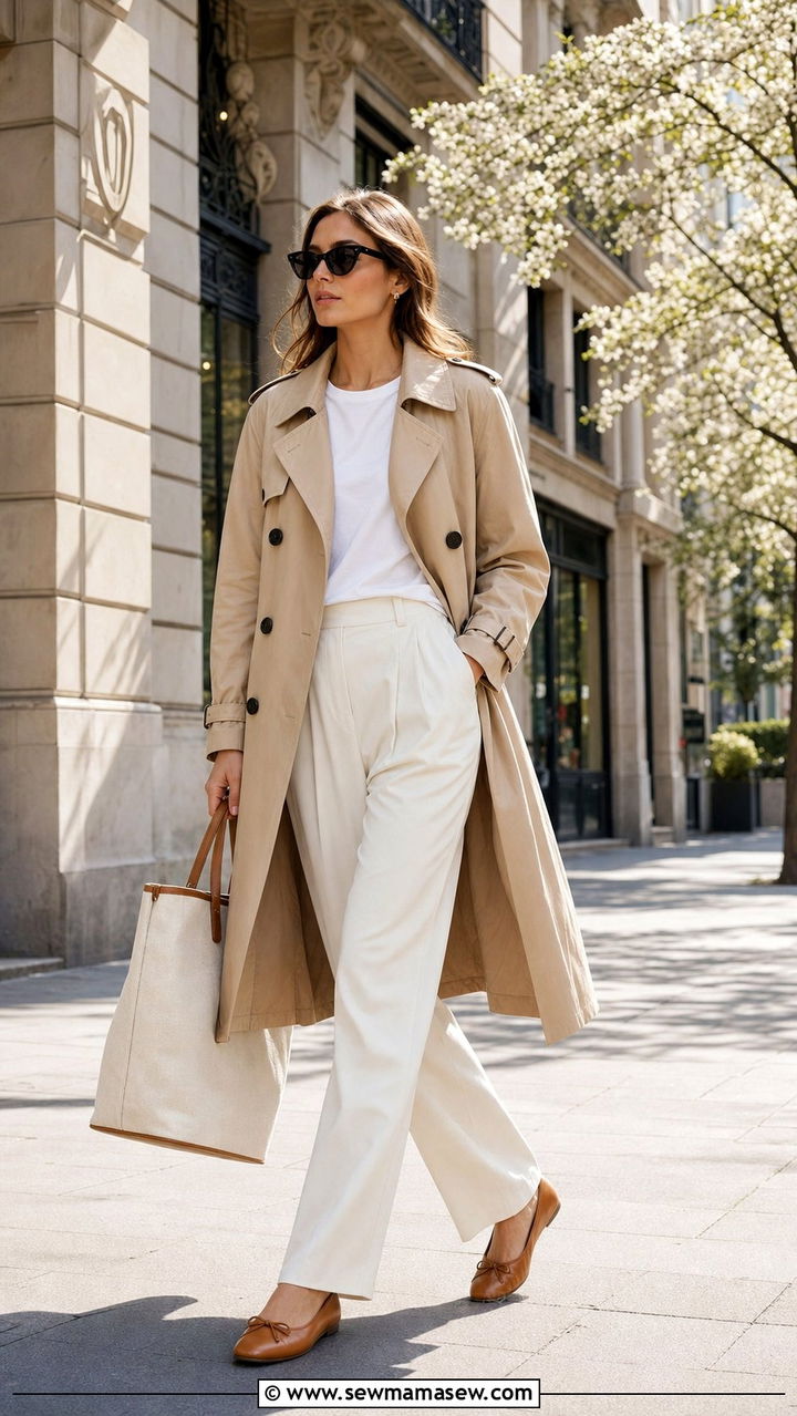 Trench Coat with Wide Leg Trousers and Ballet Flats - 25 Spring outfits with ballet flats